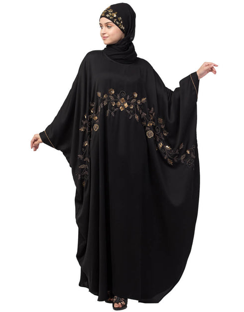Trendy Hand work across front Antique Brass embroidery Nida Kaftan Black
