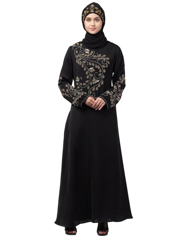 Modern Stone hand work at front and sleeve A line Abaya Black