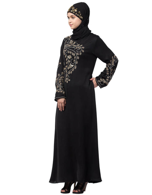 Modern Stone hand work at front and sleeve A line Abaya Black