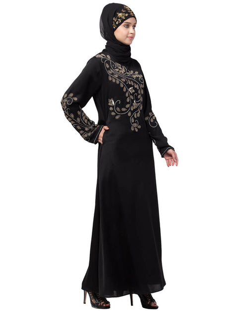 Modern Stone hand work at front and sleeve A line Abaya Black