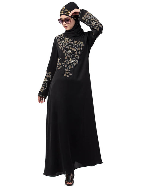 Modern Stone hand work at front and sleeve A line Abaya Black