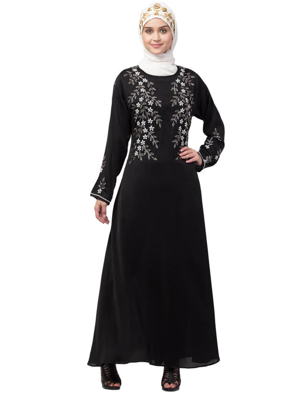 Dubai Front and Sleeve hand embroidered Party Abaya Black