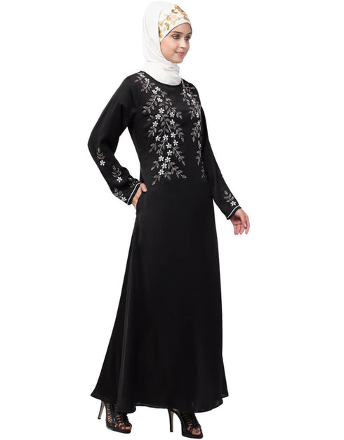 Dubai Front and Sleeve hand embroidered Party Abaya Black