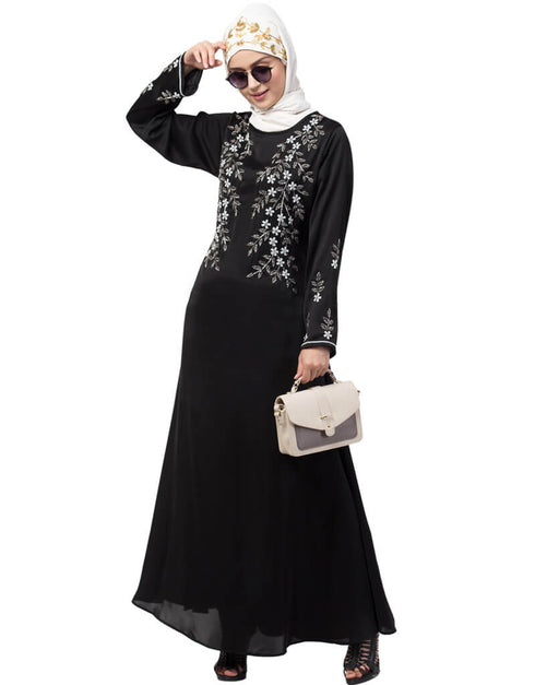 Dubai Front and Sleeve hand embroidered Party Abaya Black