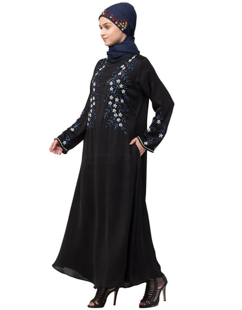Muslim Front and Sleeve hand embroidered Party Abaya Black