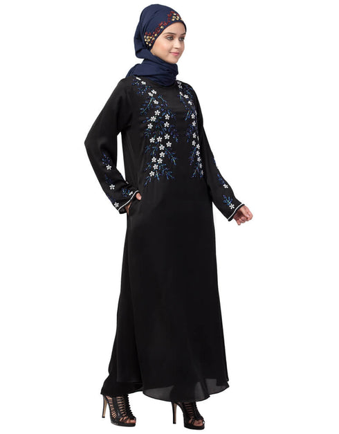 Muslim Front and Sleeve hand embroidered Party Abaya Black
