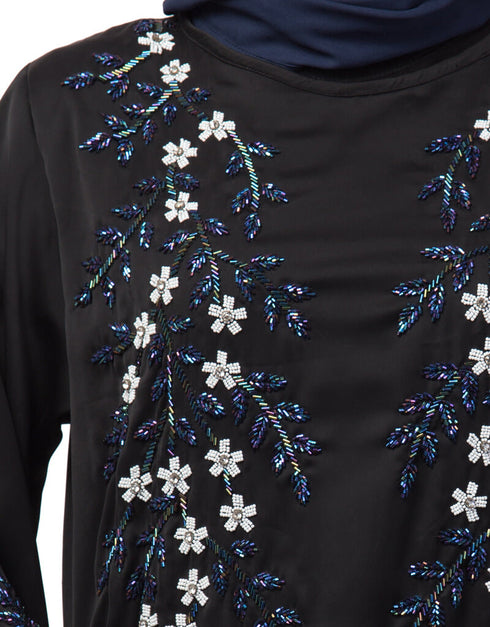 Muslim Front and Sleeve hand embroidered Party Abaya Black