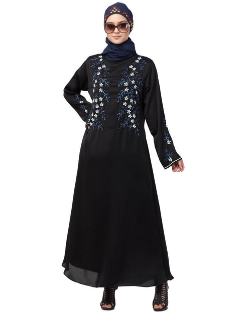 Muslim Front and Sleeve hand embroidered Party Abaya Black