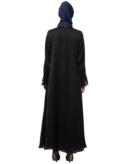 Muslim Front and Sleeve hand embroidered Party Abaya Black