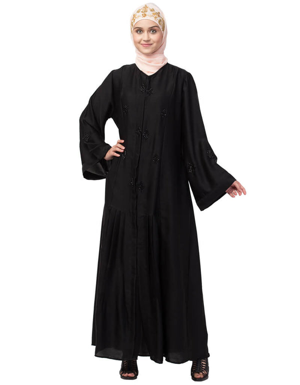 Modest Front Open Pleated embroidered Abaya Black