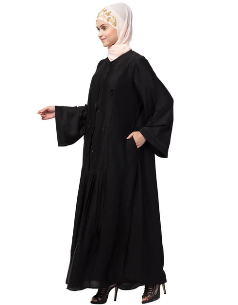 Modest Front Open Pleated embroidered Abaya Black
