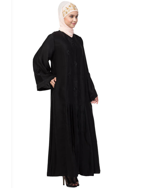 Modest Front Open Pleated embroidered Abaya Black