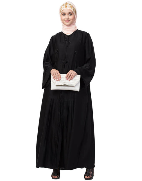 Modest Front Open Pleated embroidered Abaya Black