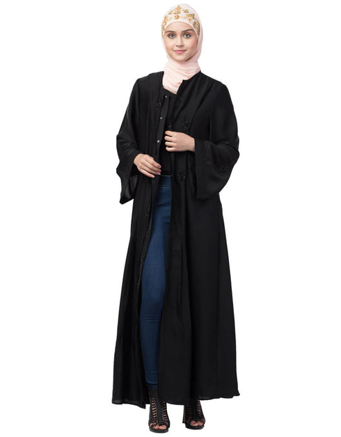 Modest Front Open Pleated embroidered Abaya Black