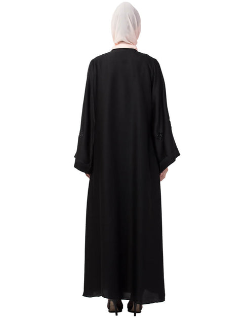 Modest Front Open Pleated embroidered Abaya Black