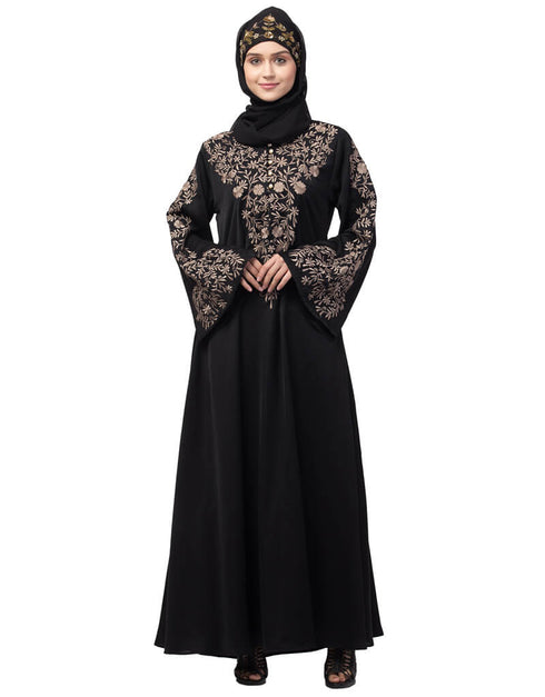 Islamic Neck and Sleeve Resham Embroidered A line Party Abaya Black