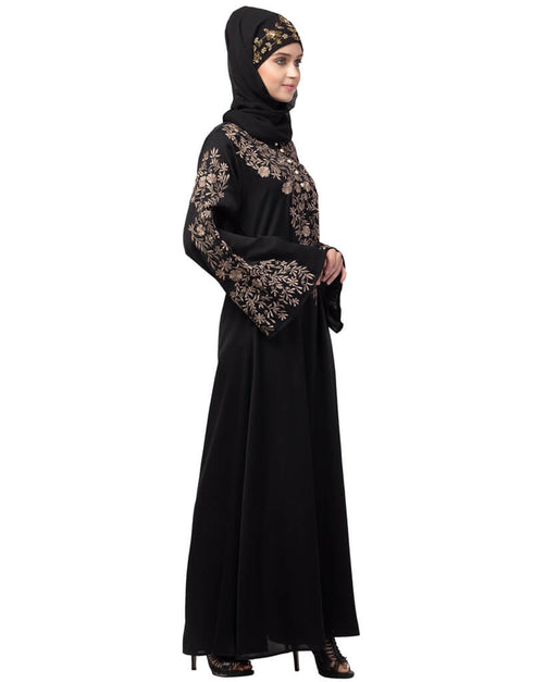 Islamic Neck and Sleeve Resham Embroidered A line Party Abaya Black