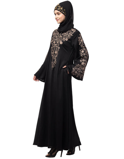 Islamic Neck and Sleeve Resham Embroidered A line Party Abaya Black