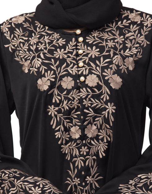 Islamic Neck and Sleeve Resham Embroidered A line Party Abaya Black