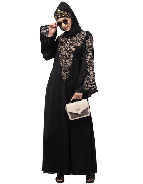 Islamic Neck and Sleeve Resham Embroidered A line Party Abaya Black