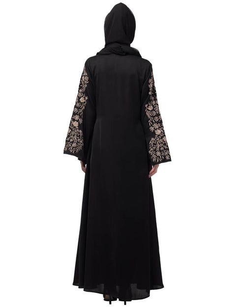 Islamic Neck and Sleeve Resham Embroidered A line Party Abaya Black
