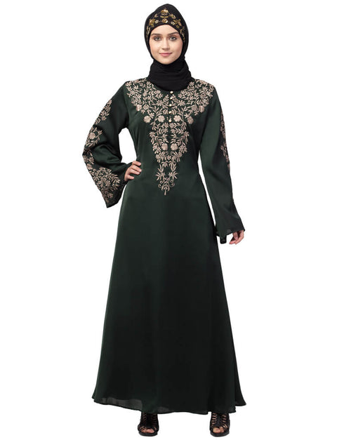 Arabic Neck and Sleeve Resham Embroidered A line Party Abaya Green