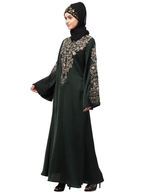 Arabic Neck and Sleeve Resham Embroidered A line Party Abaya Green