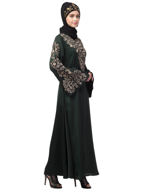 Arabic Neck and Sleeve Resham Embroidered A line Party Abaya Green