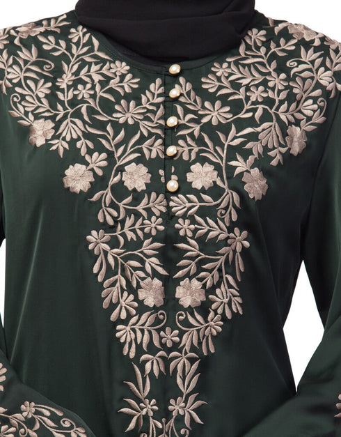 Arabic Neck and Sleeve Resham Embroidered A line Party Abaya Green