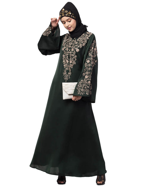 Arabic Neck and Sleeve Resham Embroidered A line Party Abaya Green