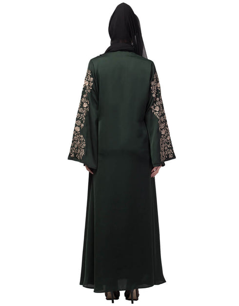 Arabic Neck and Sleeve Resham Embroidered A line Party Abaya Green