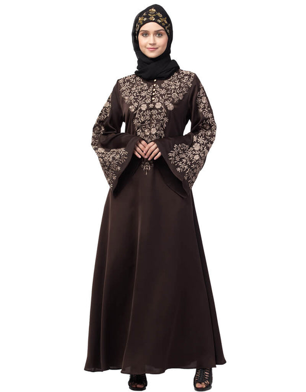 Women Neck and Sleeve Resham Embroidered A line Party Abaya Brown