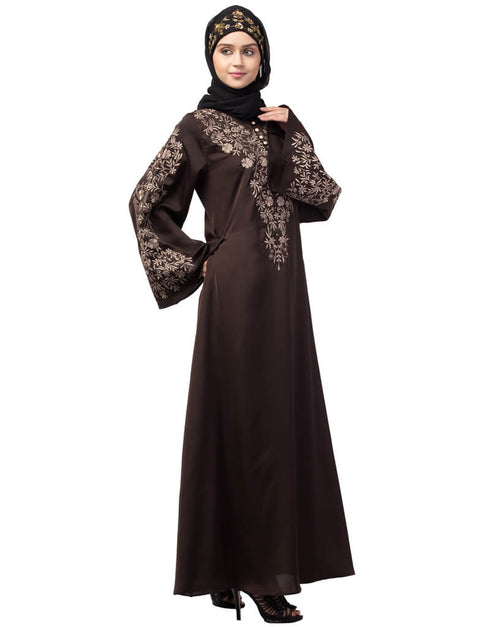 Women Neck and Sleeve Resham Embroidered A line Party Abaya Brown