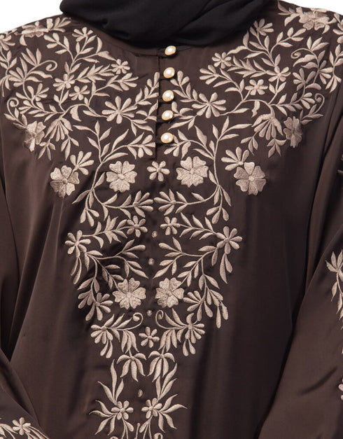 Women Neck and Sleeve Resham Embroidered A line Party Abaya Brown
