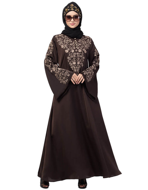 Women Neck and Sleeve Resham Embroidered A line Party Abaya Brown