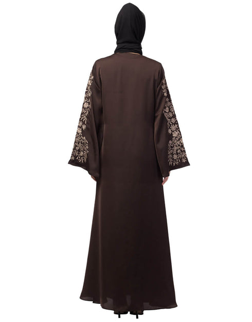Women Neck and Sleeve Resham Embroidered A line Party Abaya Brown