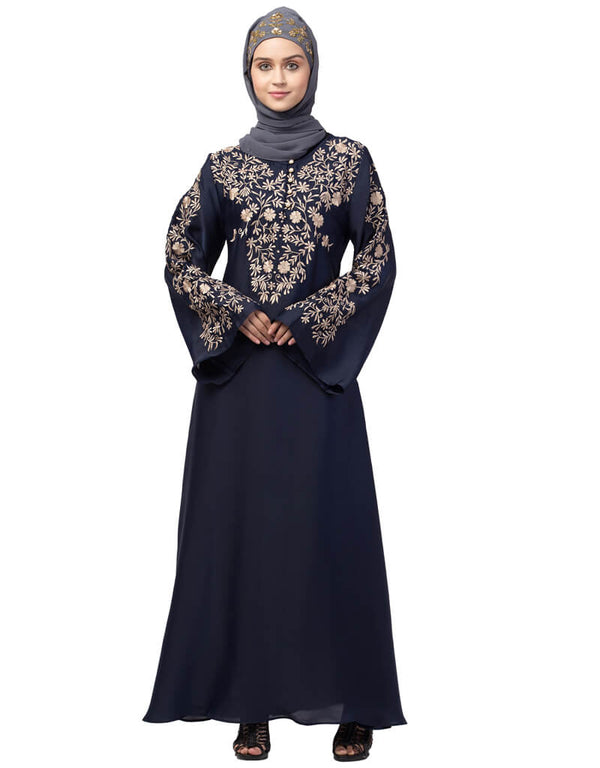Muslimah Neck and Sleeve Resham Embroidered A line Party Abaya Navy Blue