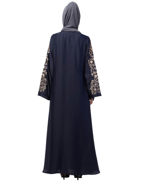 Muslimah Neck and Sleeve Resham Embroidered A line Party Abaya Navy Blue