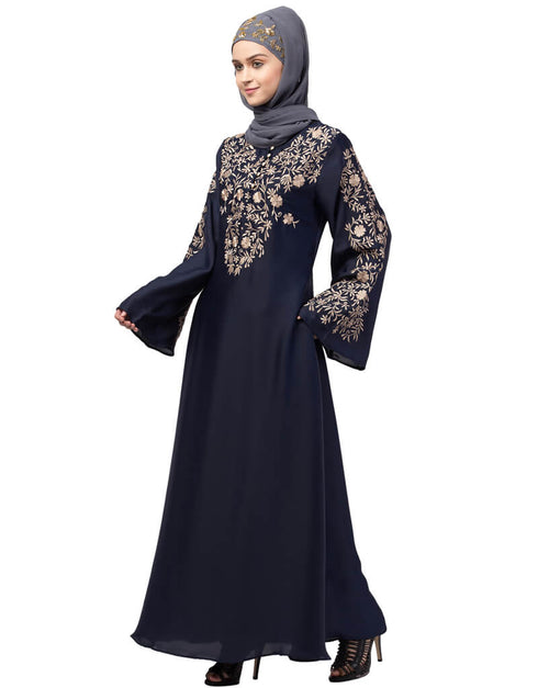 Muslimah Neck and Sleeve Resham Embroidered A line Party Abaya Navy Blue