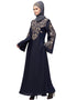 Muslimah Neck and Sleeve Resham Embroidered A line Party Abaya Navy Blue