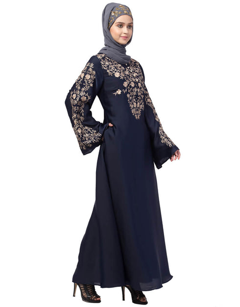 Muslimah Neck and Sleeve Resham Embroidered A line Party Abaya Navy Blue