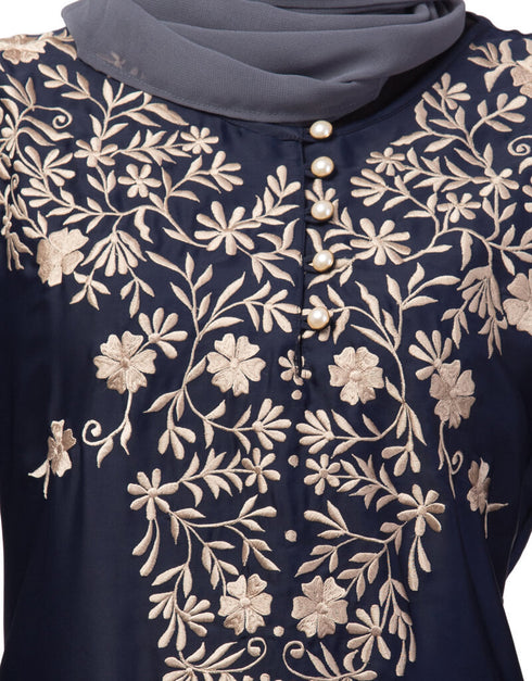 Muslimah Neck and Sleeve Resham Embroidered A line Party Abaya Navy Blue