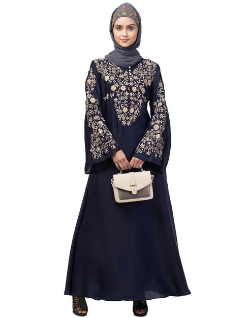 Muslimah Neck and Sleeve Resham Embroidered A line Party Abaya Navy Blue