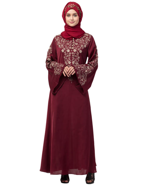 Chic Neck and Sleeve Resham Embroidered A line Party Abaya Maroon