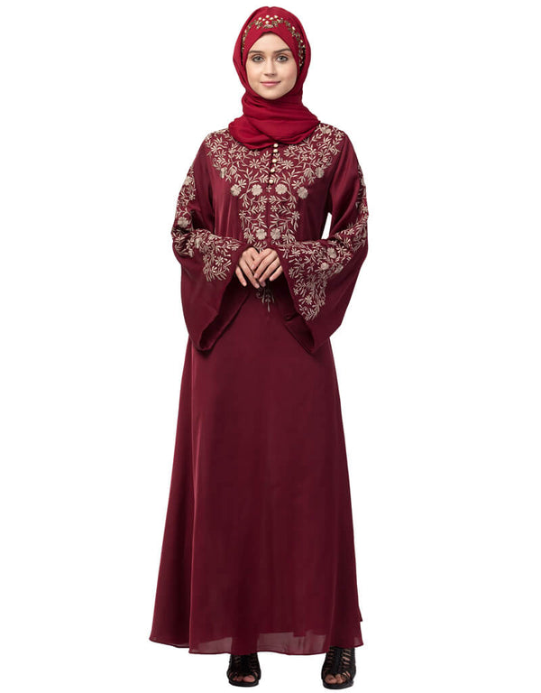 Chic Neck and Sleeve Resham Embroidered A line Party Abaya Maroon