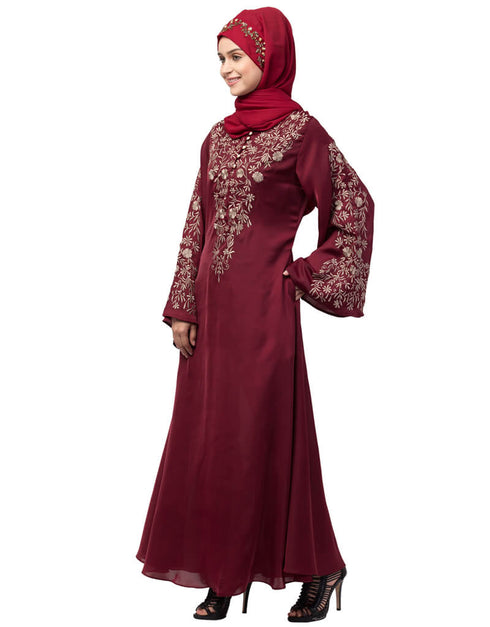 Chic Neck and Sleeve Resham Embroidered A line Party Abaya Maroon