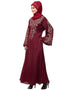 Chic Neck and Sleeve Resham Embroidered A line Party Abaya Maroon