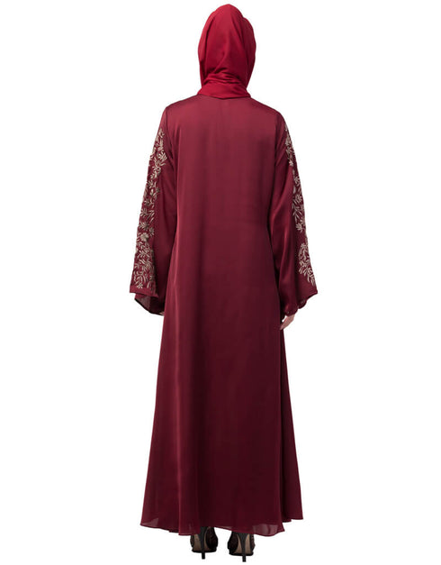 Chic Neck and Sleeve Resham Embroidered A line Party Abaya Maroon