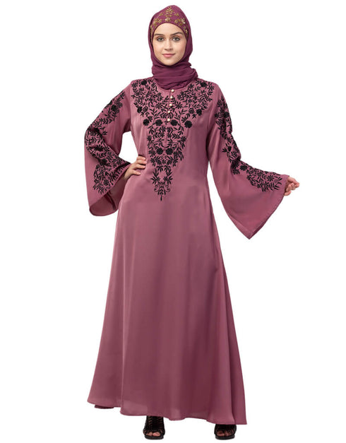 Trendy Neck and Sleeve Resham Embroidered A line Party Abaya Pink