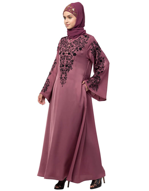 Trendy Neck and Sleeve Resham Embroidered A line Party Abaya Pink